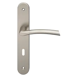 New Lot 3 poignées sur plaque rond serrure GoodHome Hirel effet nickel satin gris L.128mm x l.40mm entraxe 195mm