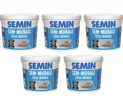 Semin Lot de 5 Colles pour Toiles de Verre et Revêtements Muraux Légers Sem Murale, Prêt à l'Emploi, Seau 5 kg* Colle Papier Peint