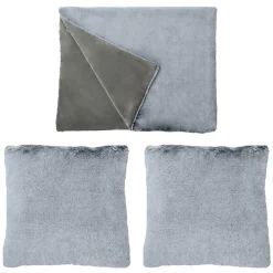 New Meubletmoi Lot de 2 coussins et 1 plaid en fausse fourrure gris givré doux - LEVY