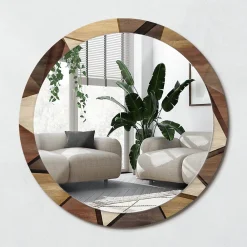 Wallfluent Miroir Cercle Ovale Motif XXL fi100 cm Bois Géométrique 3D Salle de Bain Scandinave* Miroir|Miroir