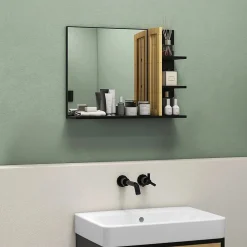 Discount Homcom Miroir mural salle de bain - étagères - bambou verni MDF noir