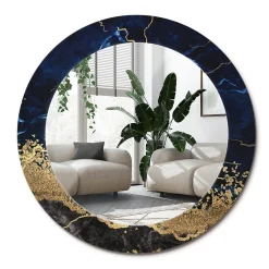 Wallfluent Miroir Rond Cadre Imprimé Design fi100 cm Marbre Bleu Tendance Boho Minimaliste Sans Joint* Miroir|Miroir