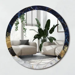 Wallfluent Miroir Rond Cadre Imprimé Design fi100 cm Marbre Bleu Tendance Boho Minimaliste Sans Joint* Miroir|Miroir
