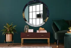 Wallfluent Miroir Rond Cadre Imprimé Design fi100 cm Marbre Bleu Tendance Boho Minimaliste Sans Joint* Miroir|Miroir