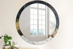 Wallfluent Miroir Rond Cadre Imprimé Design fi100 cm Marbre Bleu Tendance Boho Minimaliste Sans Joint* Miroir|Miroir