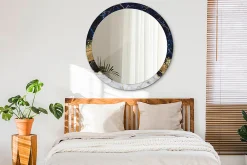 Wallfluent Miroir Rond Cadre Imprimé Design fi100 cm Marbre Bleu Tendance Boho Minimaliste Sans Joint* Miroir|Miroir