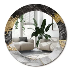 Hot Wallfluent Miroir Rond Cadre Imprimé Design fi90 cm Loft En Marbre Tendance Boho Minimaliste Sans Joint
