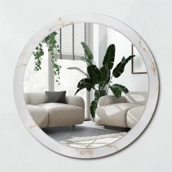 Outlet Wallfluent Miroir Rond Cadre Imprimé Design fi100 cm Marbre Blanc Tendance Boho Minimaliste Sans Joint