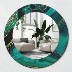 Outlet Wallfluent Miroir Rond Cadre Verre Imprimé fi50 cm Marbre Émeraude Petit Modèle Tendance Design Glamour