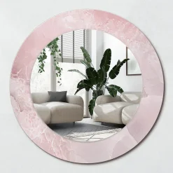 Wallfluent Miroir Rond Cadre Verre Trempé Motif fi50 cm Pierre Rose Effet Agrandissant Style Moderne* Miroir|Miroir