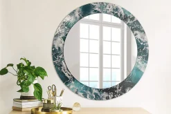 New Wallfluent Miroir Rond Cadre Verre Trempé Motif fi60 cm Mer Agitée Effet Agrandissant Style Moderne