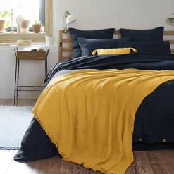 Altobuy OUREA - Plaid à Franges 180x220cm 4 Epaisseurs Gaze de Coton Safran* Plaid Canapé|Plaid