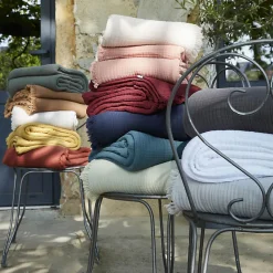 Altobuy OUREA - Plaid à Franges 180x220cm 4 Epaisseurs Gaze de Coton Minuit* Plaid Canapé