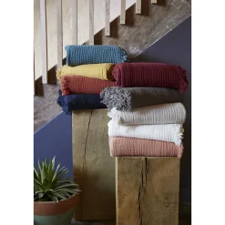 Altobuy OUREA - Plaid à Franges 180x220cm 4 Epaisseurs Gaze de Coton Minuit* Plaid Canapé