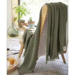 Altobuy OUREA - Plaid à Franges 130x160cm 4 Epaisseurs Gaze de Coton Romarin* Plaid Canapé
