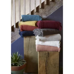 Altobuy OUREA - Plaid à Franges 130x160cm 4 Epaisseurs Gaze de Coton Romarin* Plaid Canapé