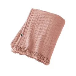 Altobuy OUREA - Plaid à Franges 130x160cm 4 Epaisseurs Gaze de Coton Rose Pêche* Plaid Canapé|Plaid