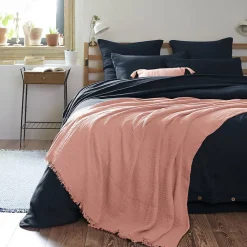 Altobuy OUREA - Plaid à Franges 130x160cm 4 Epaisseurs Gaze de Coton Rose Pêche* Plaid Canapé|Plaid