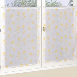 Sale Dylrev Paire de voilages imprimés feuilles en polyester 60x90cm, jaune, finition passe-tringle.