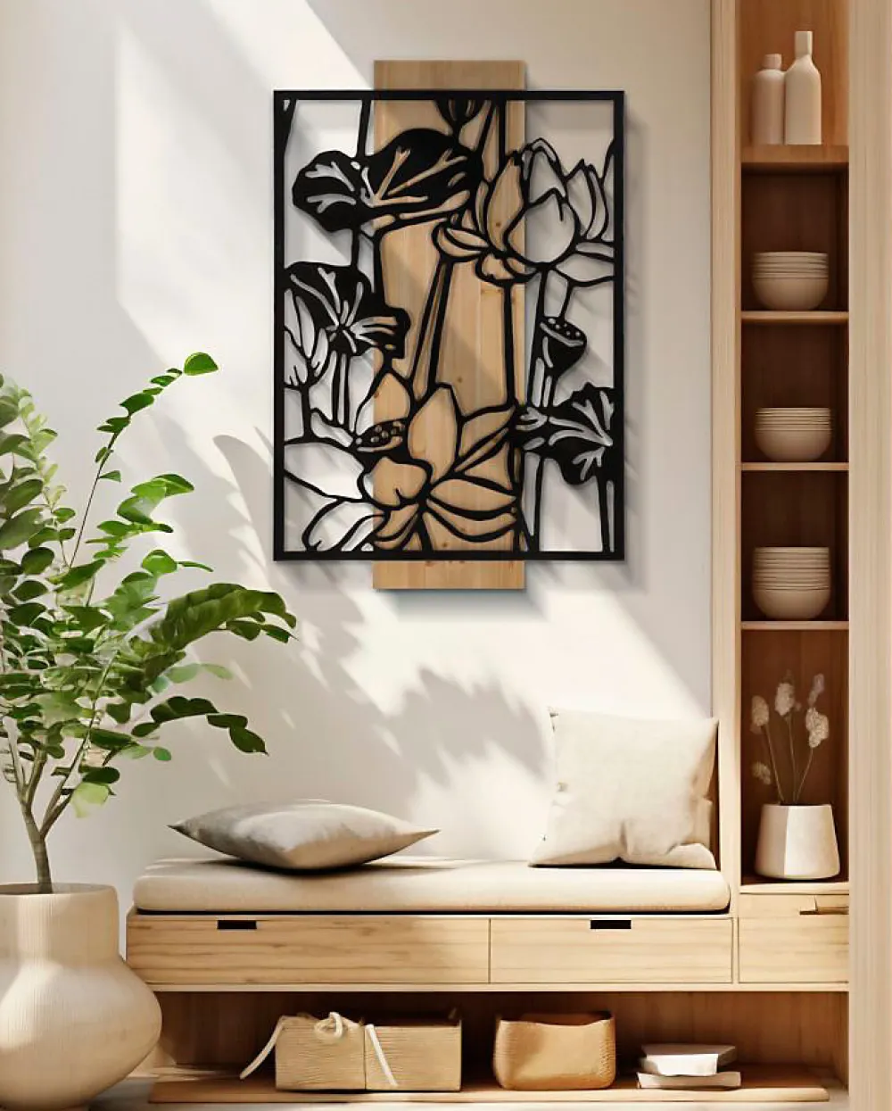 Best Mauro Ferretti Panneau décoratif 3D en métal noir bois marron fleur 60x2x90 cm
