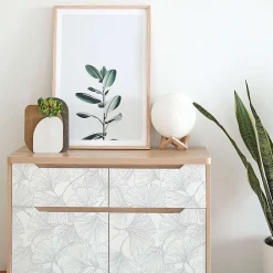 Best Decochic Papier peint adhésif ginkgo gris et blanc en vinyle lavable et amovible - 1 rouleau 50x300 cm -