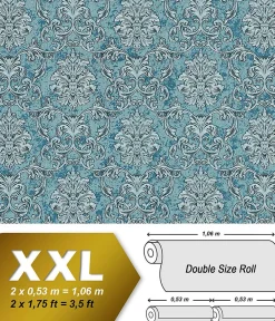 Sale Edem Papier peint baroque 6001-95 Papier peint intissé gaufré avec des ornements scintillant turquoise argent pétrole