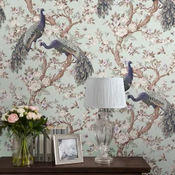 Laura Ashley Papier peint intissé Belvedere imprimé paons vert sauge L.1000 x l.52cm* Papier Peint Fleuri