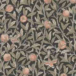 William Morris Papier peint intissé Bird & pomegranate charcoal imprimé fleurs vert L.1000 x l.52cm* Papier Peint Pour Couloir