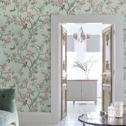 New Laura Ashley Papier peint intissé Eglantine imprimé fleurs d'eglantine vert L.1000 x l.52cm