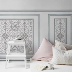 Plage Papier peint intissé gris motif arabesque, décoratif unique, imitation boiseries, 75 cm X 200 cm* Papier Peint Art Déco