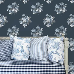 Clearance Lutece Papier peint intissé Jardin Secret mat et satiné fleurs bleu, bleu nuit l.1000 x l.53 cm