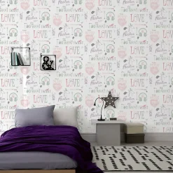 Lutèce Papier peint intissé Les aventures " I Want " rose, vert, bleu pastel L.1005 x l.53cm*Enfant Papier Peint Enfant