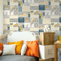 Lutèce Papier peint intissé Les aventures surf jaune et gris L.1005 x l.53cm*Enfant Papier Peint Pour Chambre|Papier Peint