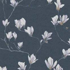 Laura Ashley Papier peint intissé Magnolia grove imprimé fleurs blanches sur fond bleu marine L.1000 x l.52cm* Papier Peint Fleuri