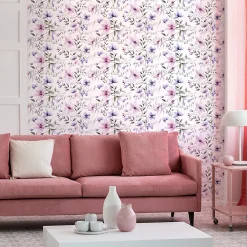 Discount Ambiance Sticker Papier peint intissé pré-encollé - FLEURS ROSES ET VIOLETTES - 1 rouleau de 300x60cm