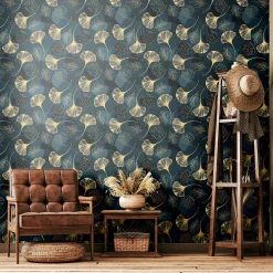 Outlet Ambiance Sticker Papier peint intissé pré-encollé - FEUILLE DE GINKGO BLEU - 1 rouleau de 300x60cm
