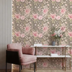 Ambiance Sticker Papier peint intissé pré-encollé - FLEURS VINTAGE ROSE PIVOINES GRIS - 1 rouleau de 300x60cm
