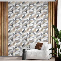 New Ambiance Sticker Papier peint intissé pré-encollé - SCANDINAVE GRAPHIQUE BRUN GRIS BLANC - 1 rouleau de 300x60cm