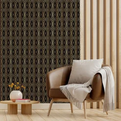 Ambiance Sticker Papier peint intissé pré-encollé - SCANDINAVE ART DÉCO LOSANGES NOIRS ET EFFET DORÉ - 1 rouleau de 300x60cm* Papier Peint Art Déco