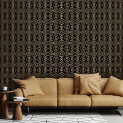 Ambiance Sticker Papier peint intissé pré-encollé - SCANDINAVE ART DÉCO LOSANGES NOIRS ET EFFET DORÉ - 1 rouleau de 300x60cm* Papier Peint Art Déco