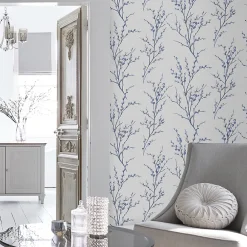 Sale Laura Ashley Papier peint intissé Pussy willow imprimé fleurs bleu L.1000 x l.52cm