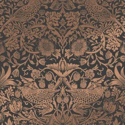 William Morris Papier peint intissé Strawberry fibrous charcoal imprimé fleurs, oiseaux effet métalisé marron L.1000 x l.52cm