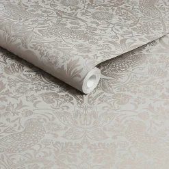 William Morris Papier peint intissé Strawberry thief imprimé fleurs, oiseaux effet métalisé beige L.1000 x l.52cm* Papier Peint Pour Couloir