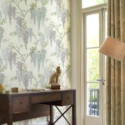Laura Ashley Papier peint intissé Wisteria imprimé fleurs beige, violet L.1000 x l.52cm* Papier Peint Fleuri
