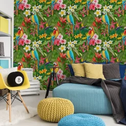 Outlet Muralo Papier Peint Pour La Chambre PERROQUETS Fleurs Tropicales Feuilles