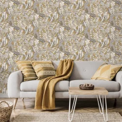 GoodHome Papier peint pré-encollé vinyle intissé feuillage Easy Roll Balito ocre l.53 x H.1005 cm* Papier Peint Pour Couloir|Papier Peint Naturel Et Tropical