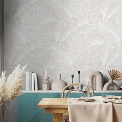 Discount GoodHome Papier peint pré-encollé vinyle intissé feuilage Easy Roll Ufford beige l.53 x H.1005 cm