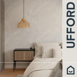Discount GoodHome Papier peint pré-encollé vinyle intissé feuilage Easy Roll Ufford beige l.53 x H.1005 cm