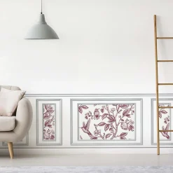 Plage Papier peint trompe l'oeil boiserie, fleurs et oiseaux, 75x200cm. Décoration murale intérieure panoramique.* Papier Peint Art Déco