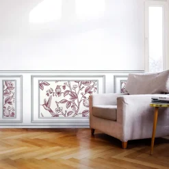 Plage Papier peint trompe l'oeil boiserie, fleurs et oiseaux, 75x200cm. Décoration murale intérieure panoramique.* Papier Peint Art Déco